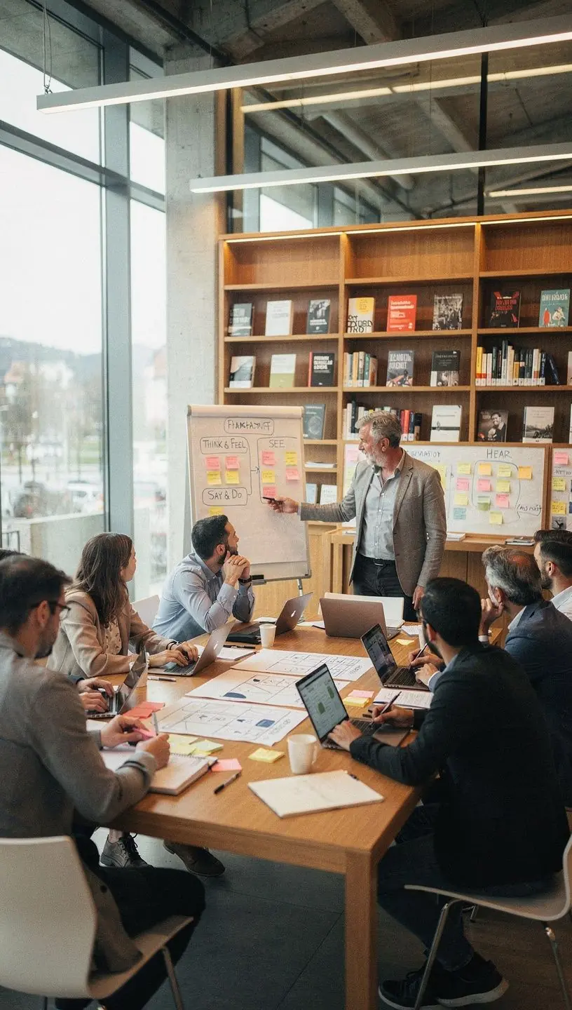 Eine Gruppe von Fachleuten diskutiert die Ergebnisse einer Benutzerforschung in einem Workshop.