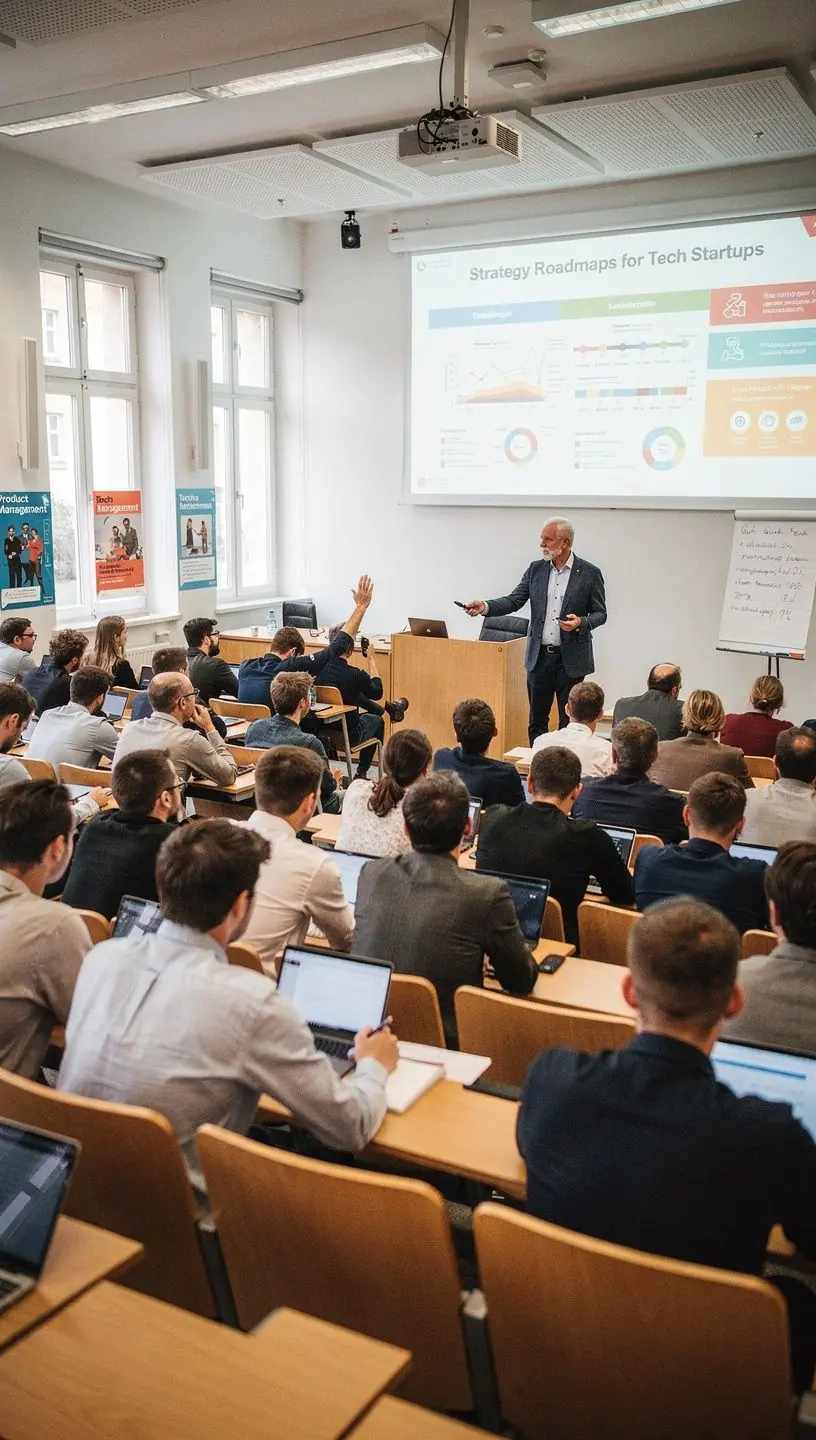Ein Produktmanager präsentiert eine Strategie-Roadmap in einem modernen Büro.
