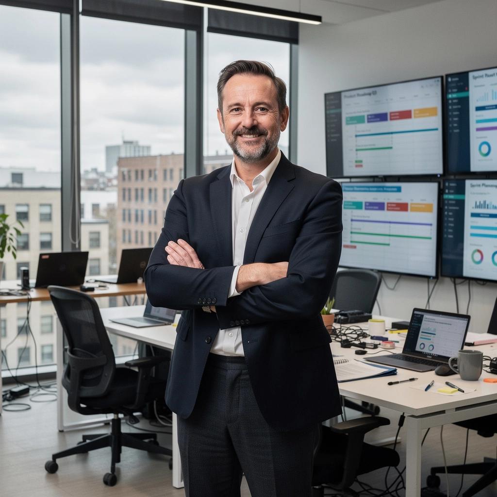 Eine Präsentation über technische Führung in einem modernen Büro.